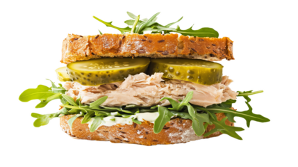 Delicious tunafish sandwich with pickles and arugula on dark bread ready to be enjoyed