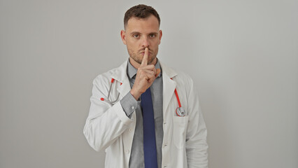 Man in doctor's coat gesturing silence over white background