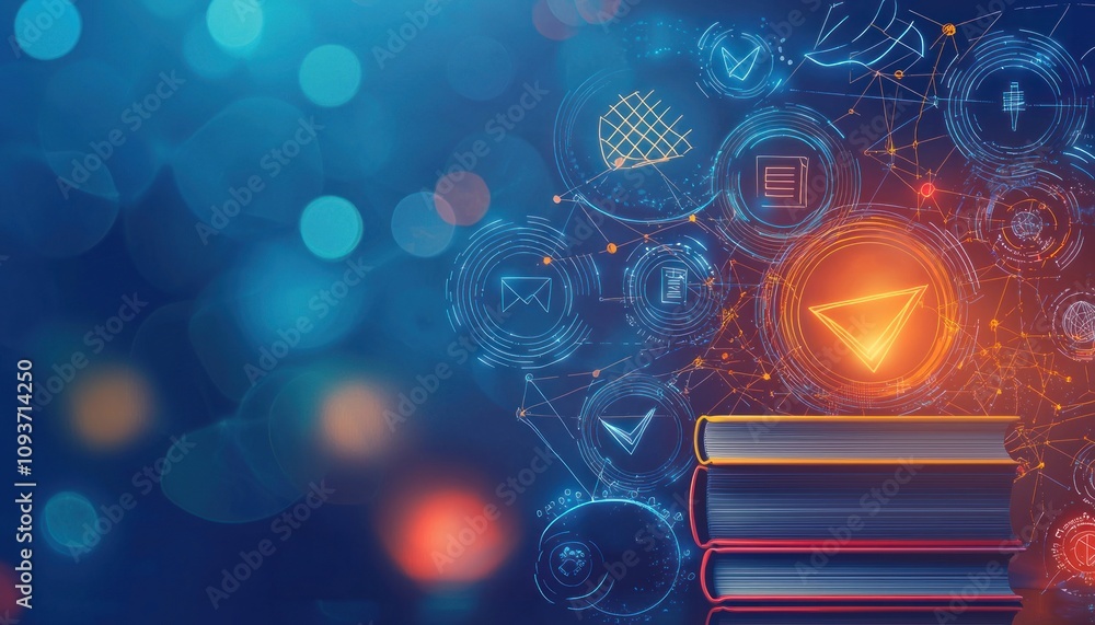 Poster Stacked Books with Digital Network and Abstract Symbols