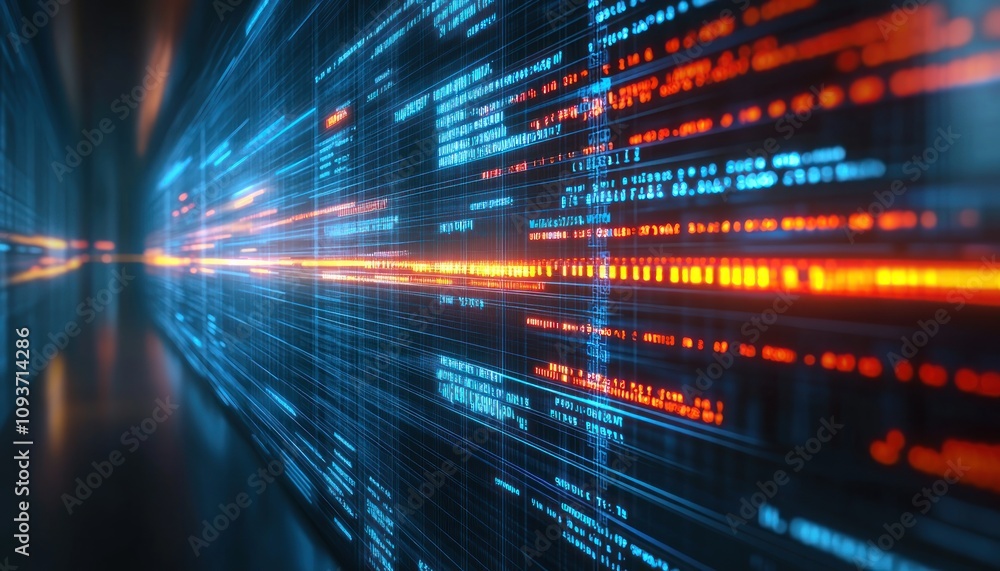 Aufkleber abstract digital data stream with blue and orange glowing lines