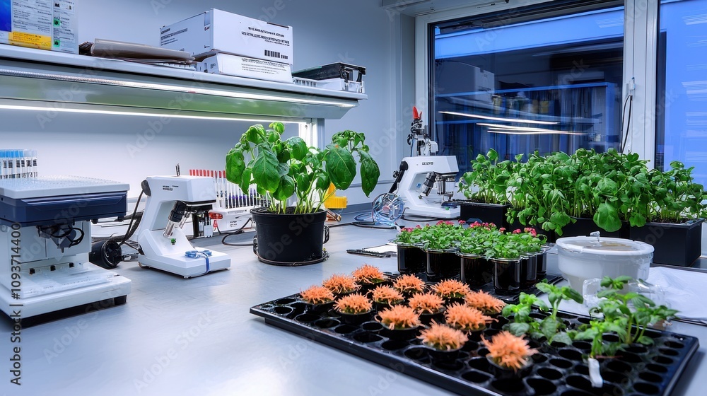 Poster Laboratory Setting with Microscopes and Various Plant Samples