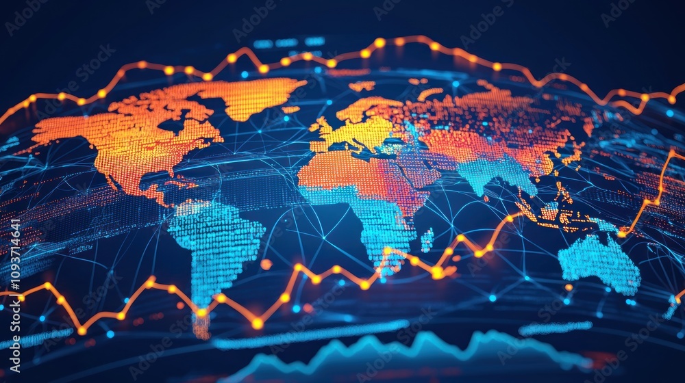 Fototapete World Map with Network Connections and Data Flow Lines