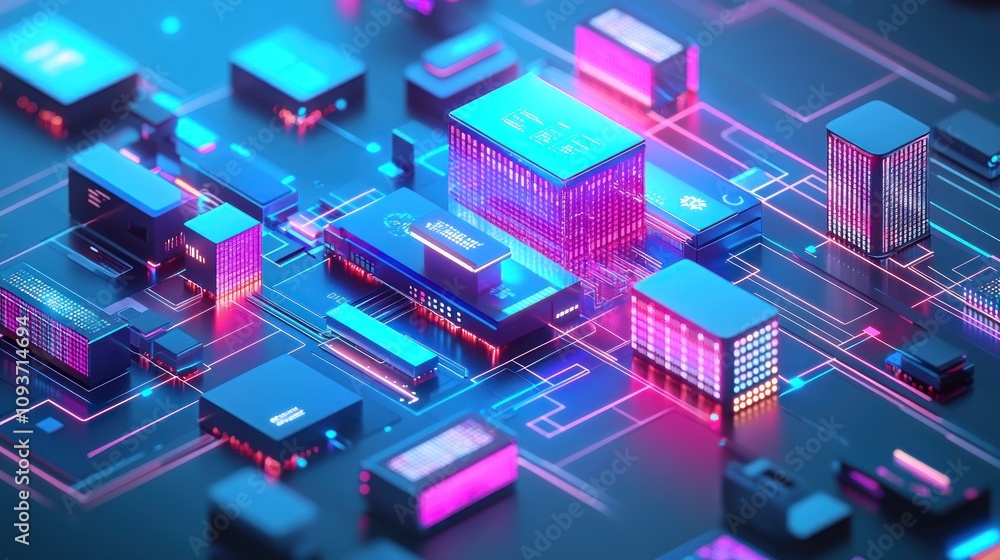 Poster abstract cityscape of glowing cubes and lines