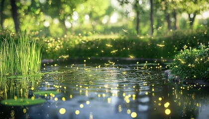 Fototapeta premium Fireflies Dancing Over a Serene Pond in a Summer Forest