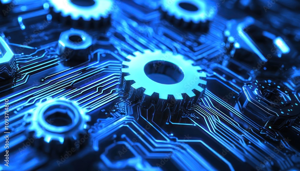 Poster metallic gears interlocking on a blue circuit board