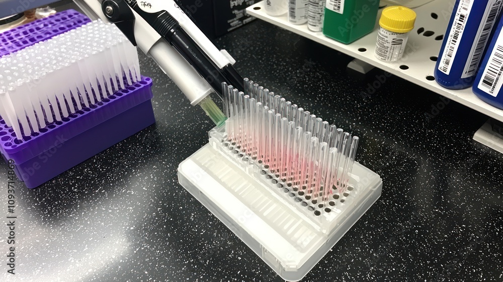 Poster a multi-channel pipette dispensing liquid into a microplate