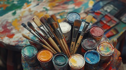 Assorted paintbrushes rest upon a vibrant array of paint cans, creating a picturesque still life. Each brush, a silent testament to the artist's creativity
