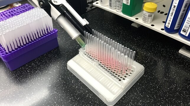 A multi-channel pipette dispensing liquid into a microplate - Powered by Adobe