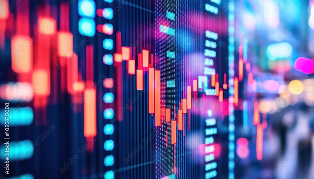 Poster stock market data displayed on a digital screen with red and blue lights