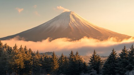 Fototapeta premium Majestic snow-capped mountain rises above the clouds, framed by tall evergreen trees at sunrise. Nature’s beauty captured in stillness.