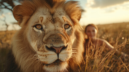Fototapeta premium Close-up of majestic lion with human companion in sunlit savanna