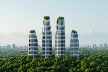 Fototapeta premium model modern design and avant-garde, Modern skyscrapers with green rooftops rise above lush greenery, showcasing a blend of nature and architecture in an urban landscape.