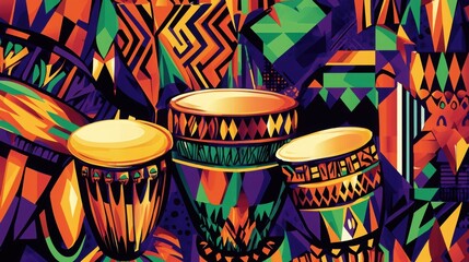 An abstract illustration of three colorful drums surrounded by bold patterns. The artwork showcases African cultural elements with vibrant colors.