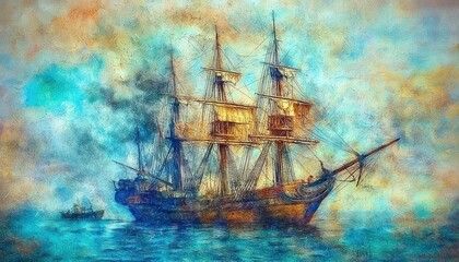 A Tall Ship Sailing on a Tranquil Sea Under a Hazy Sky