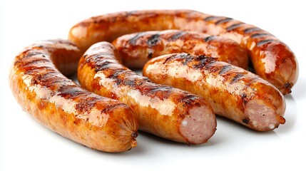 Bavarian sausages are grilled and isolated on a white background. They have a golden brown color and are slightly charred. The sausages are plump and juicy, with a savory aroma