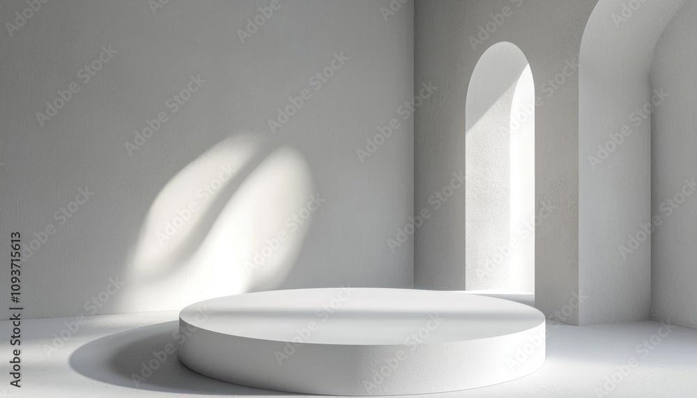 Poster white circular platform in a minimalist room with arched windows