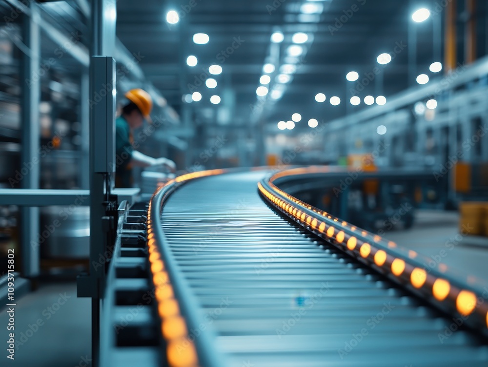 Poster conveyor belt in a factory with illuminated sections and a worker in the background.