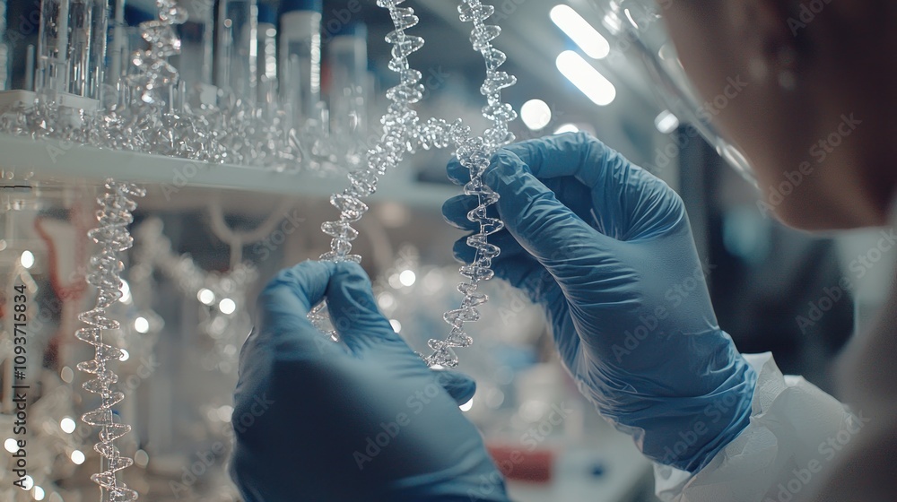 Aufkleber Close-up of gloved hands inspecting a transparent spiral object in a laboratory setting.