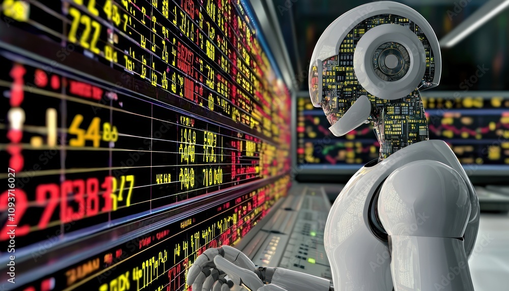 Poster a white robot interacting with a stock market data screen