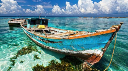 Fototapeta premium Weathered Wooden Boat in Tropical Shallow Water