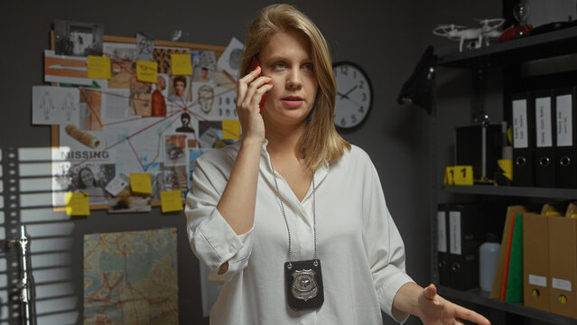 A female detective in an office analyzes evidence while speaking on the phone, badge visible.