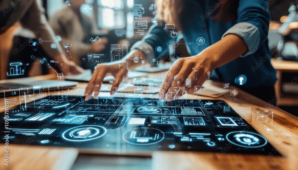 Poster person interacting with a futuristic digital interface