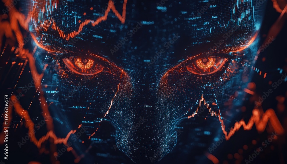 Aufkleber Digital Face Composed of Data and Charts with Glowing Red Eyes