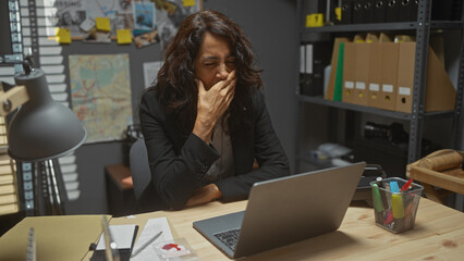 A pensive woman detective analyzes evidence in a cluttered office, conveying a sense of urgency and...