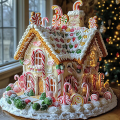 Naklejka premium a sweet house built with cookies and sweets,generative ai