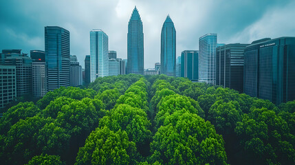 Fototapeta premium Urban Nature Fusion: Lush Green Trees Contrast with Modern Skyscrapers in a Dynamic Cityscape Under a Moody Sky