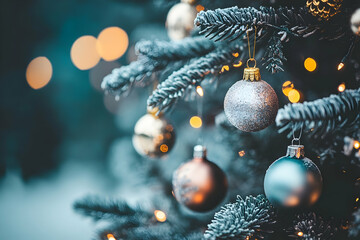 Fototapeta premium Shimmering ornaments hang from a lush green Christmas tree, illuminated by soft golden lights