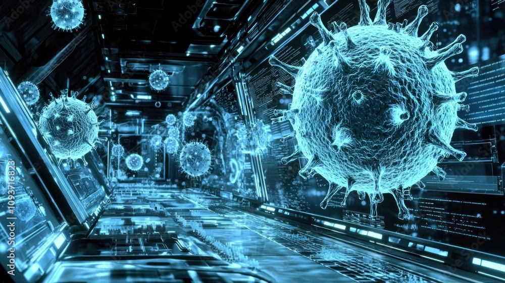 Poster a 3d rendering of a glowing blue virus in a futuristic digital corridor