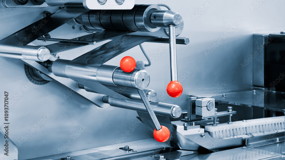 Poster a machine with three red buttons. the machine is silver