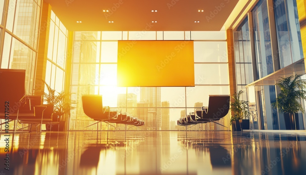 Poster modern office lobby with large window view and a blank sign