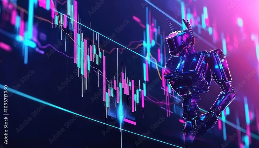 Poster a futuristic robot analyzing financial data on a screen