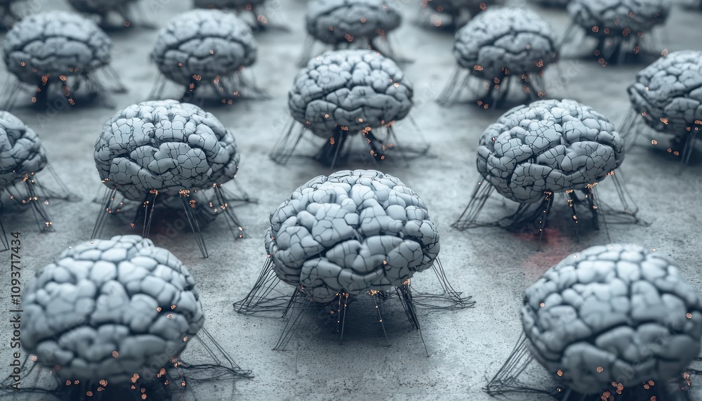 Poster a field of grey brains with connected tentacles and glowing lights