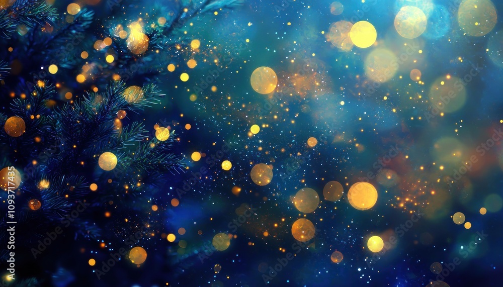 Poster abstract blue and gold bokeh background with pine branches