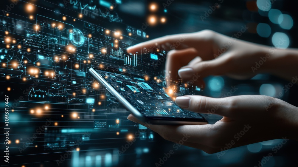 Poster A Person's Hand Interacting With a Smartphone Displaying Digital Data and Graphs