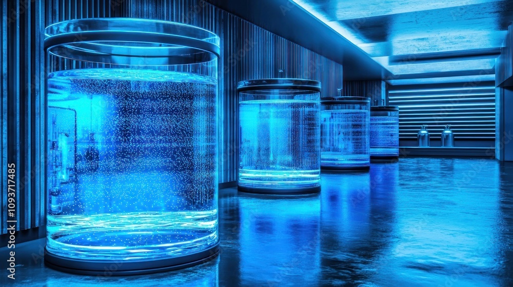 Aufkleber illuminated cylinders of bubbling blue liquid in a futuristic setting