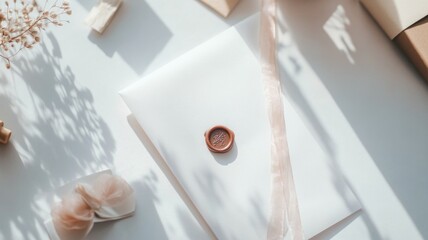 Elegant white envelope with wax seal and soft pink ribbon on sunny background
