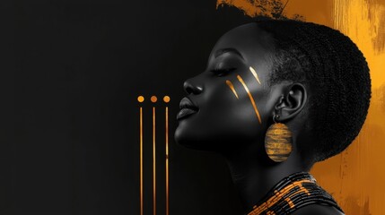 A profile of a black woman adorned with golden body paint and jewelry, showcasing artistic expression against a dark background.