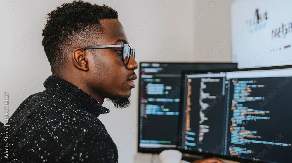 Poster A man focused on coding on two computer screens