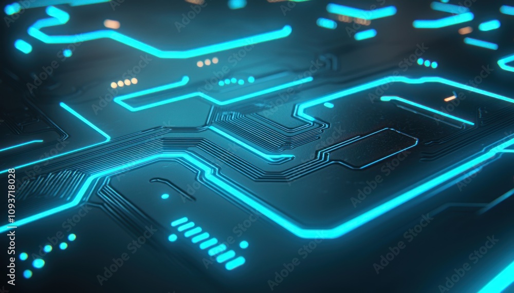 Poster a close-up of a circuit board with glowing blue lines