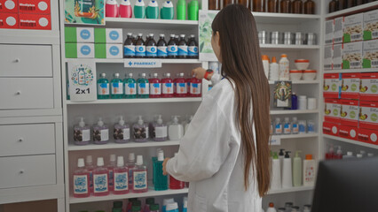 An asian pharmacist organizing shelves in a modern pharmacy interior