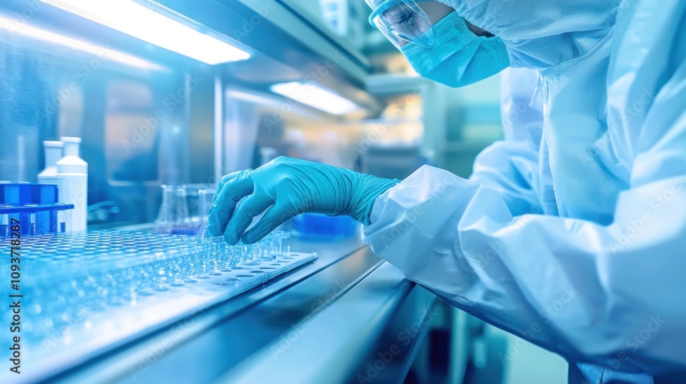 Poster a scientist in a lab coat and gloves working with test tubes