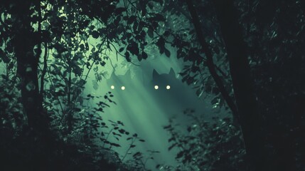 Naklejka premium Shadowy undergrowth with faint hints of glowing eyes