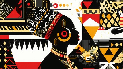 A stunning silhouette of an African woman against a colorful background, showcasing intricate patterns and cultural motifs in an artistic style.