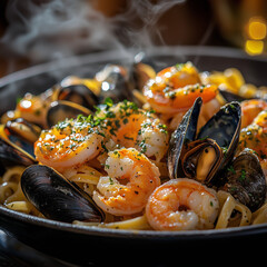 sumptuous seafood pasta with prawns and mussels, garnished with fresh herbs in a dark setting