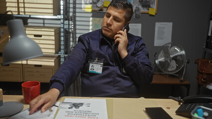 Hispanic man in detective office talking on phone amidst investigation materials, portraying a...