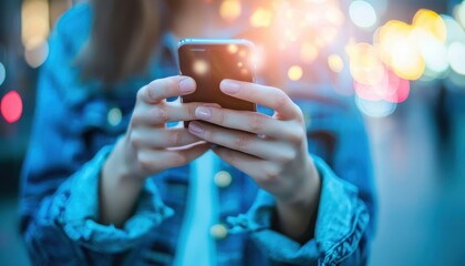 Closeup of a Person's Hands Holding a Smartphone in a Blurred Urban Environment